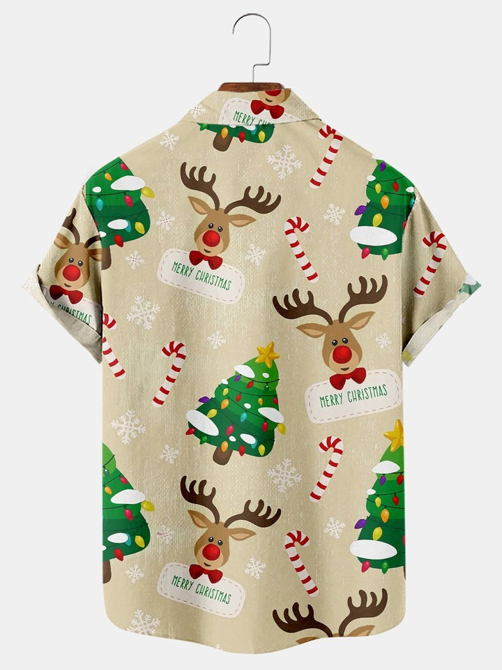 Christmas Elk Christmas Tree Print Short Sleeve Shirt