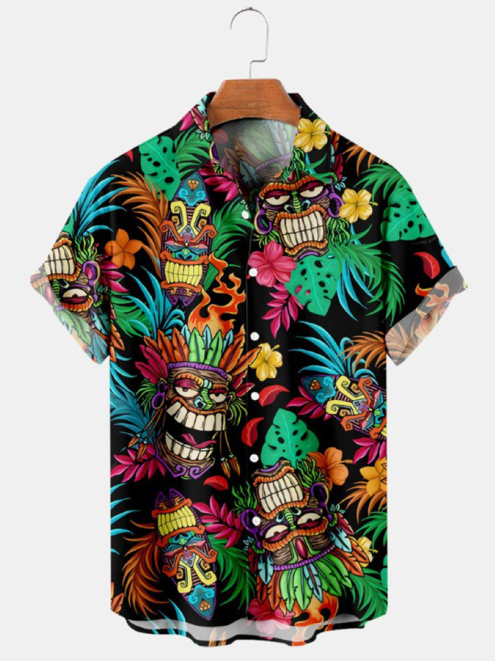 Fun Tiki Mask Print Short Sleeve Shirt