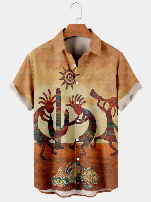 Vintage Ethnic kokopelli Print Short Sleeve Shirt