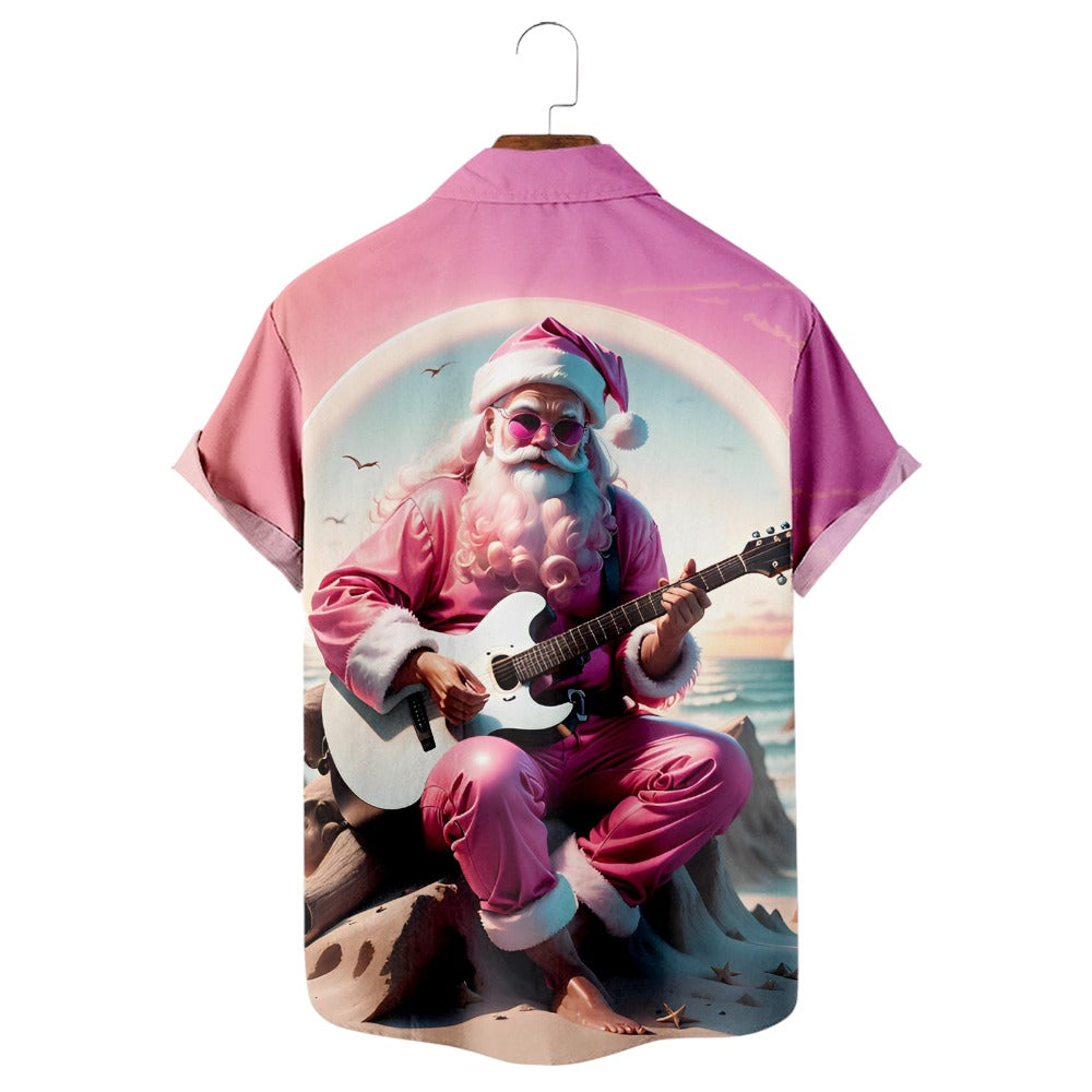 Santa Claus Playing Guitar Print Shirt