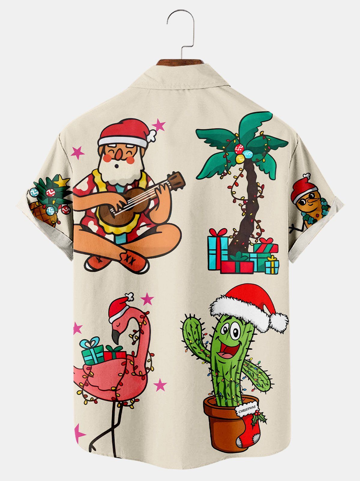 Christmas Santa Flamingo Print Short Sleeve Shirt