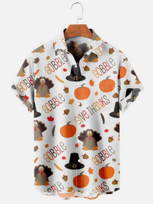 Thanksgiving Turkey Pumpkin Pocket Short Sleeve Shirt