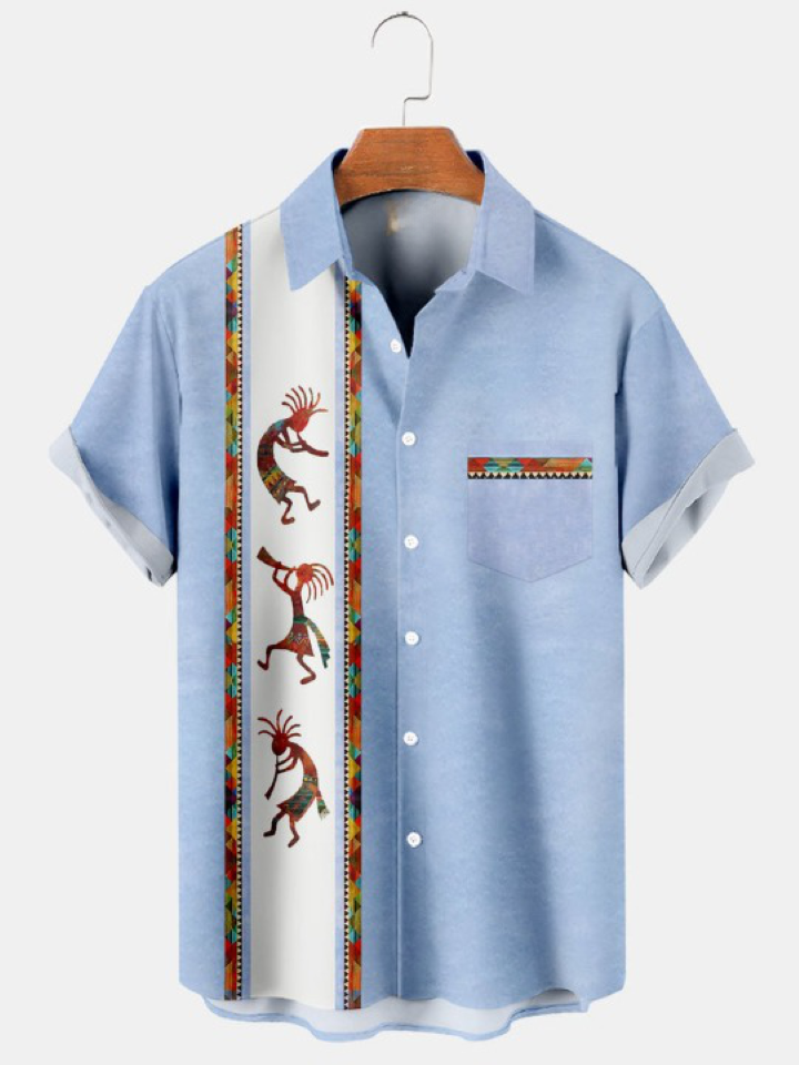 Vintage Kokopelli Stripe Print Bowling Shirt