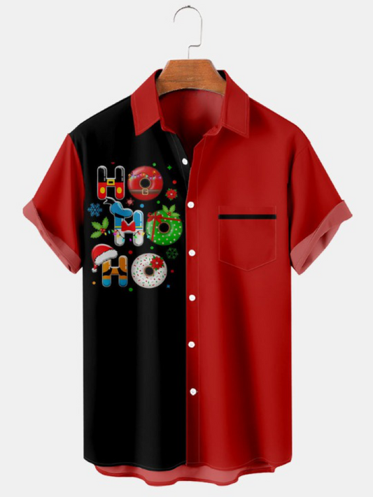 Christmas Print Pocket Short Sleeve Shirt