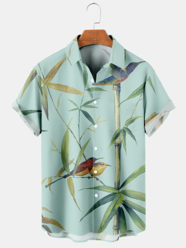 Bird Bamboo Print Simple Casual Pocket Shirt