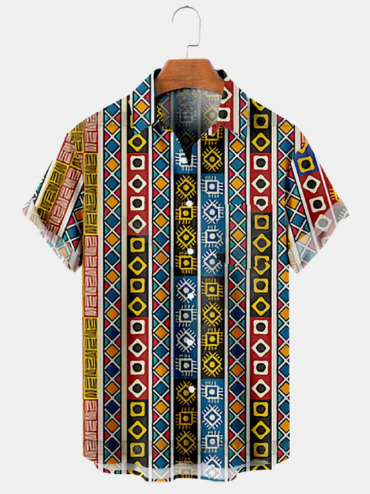 Ethnic Stripe Print Hawaiian Short Sleeve Shirt