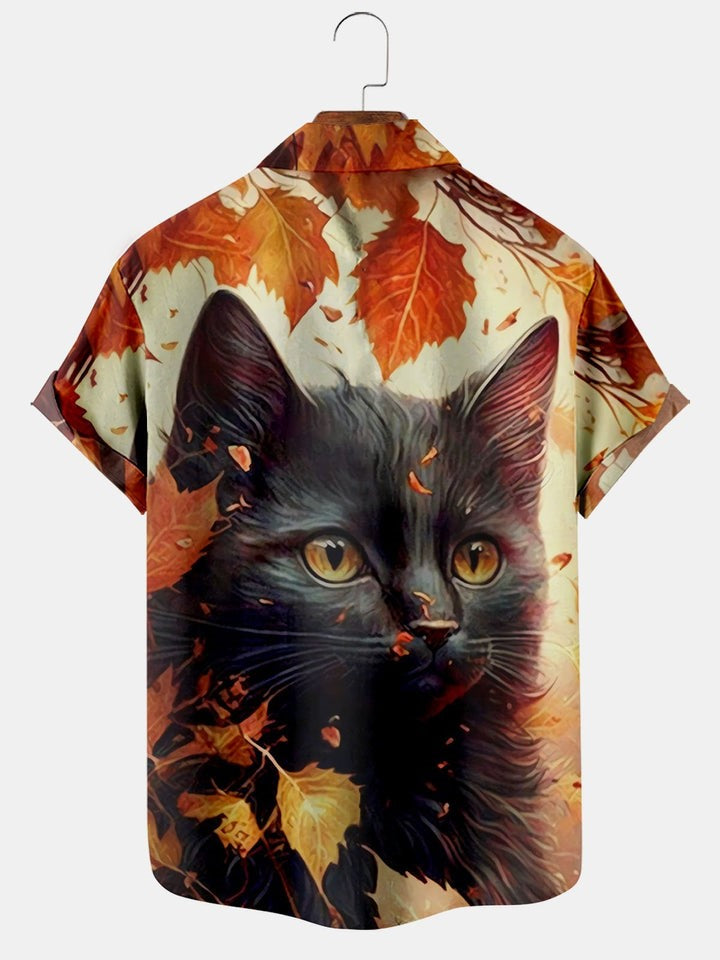 Cat Print Pocket Short Sleeve Shirt