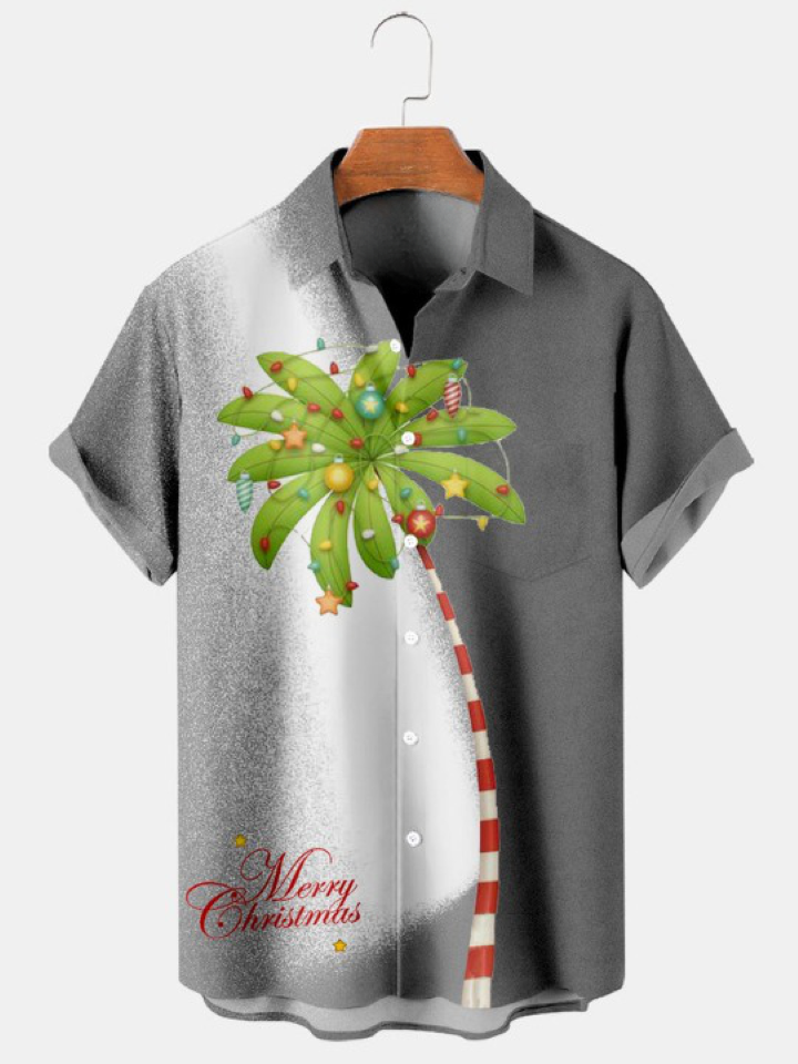 Palm Tree Print Pocket Short Sleeve Shirt