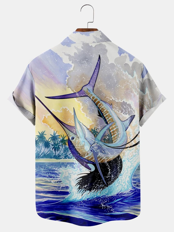 Gradient Fish And Sailboat Print Shirt