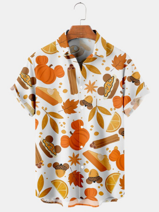 Pumpkin Maple Leaf Print Short Sleeve Shirt