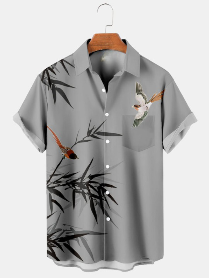 Simple Hawaiian Bamboo Bird Print Pocket Casual Shirt