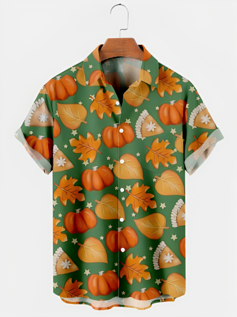 Maple Leaf Pumpkin Print Short Sleeve Shirt