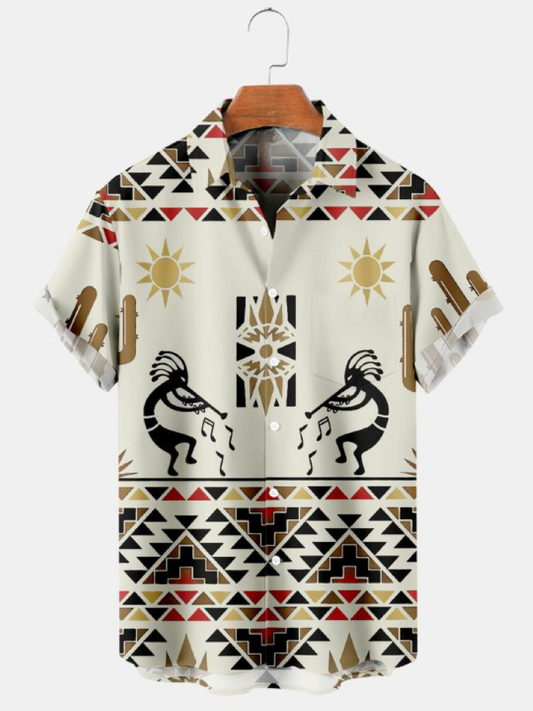 Vintage Ethnic Kokopelli Music Print Short Sleeve Shirt