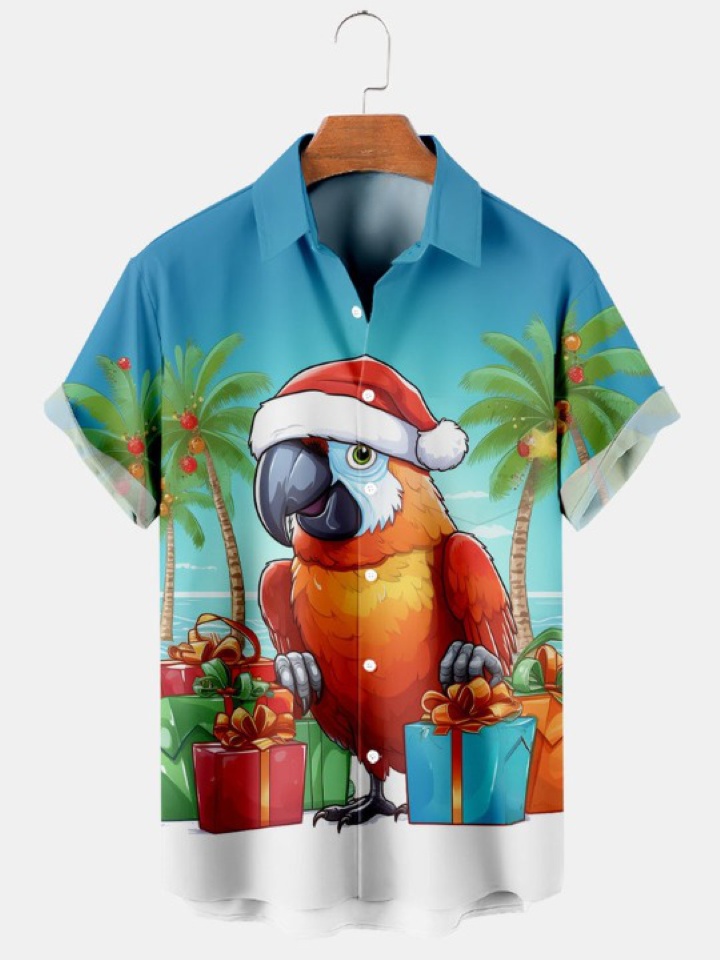 Christmas Seaside Parrot Printed Short Sleeve Shirt