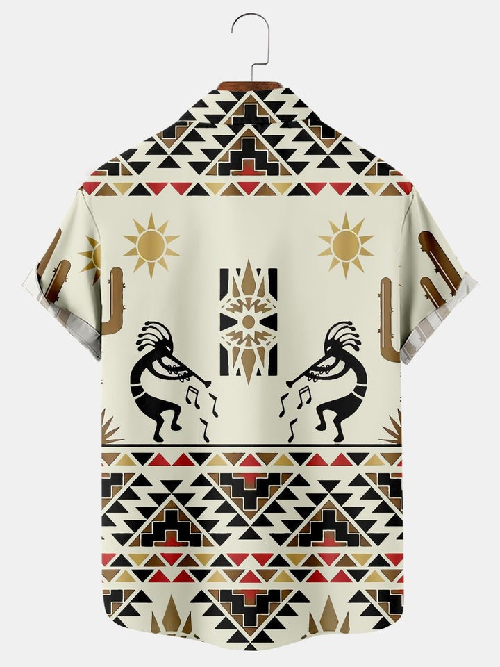 Vintage Ethnic Kokopelli Music Print Short Sleeve Shirt