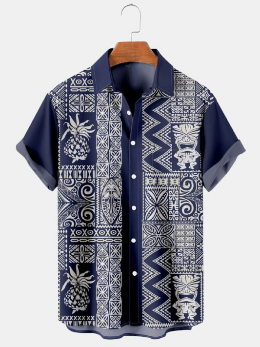 Vintage Ethnic Print Pocket Short Sleeve Shirt