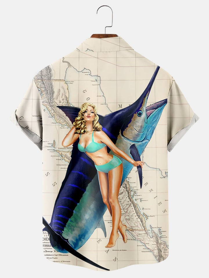 Vintage Map Belles And Fish Print Shirt