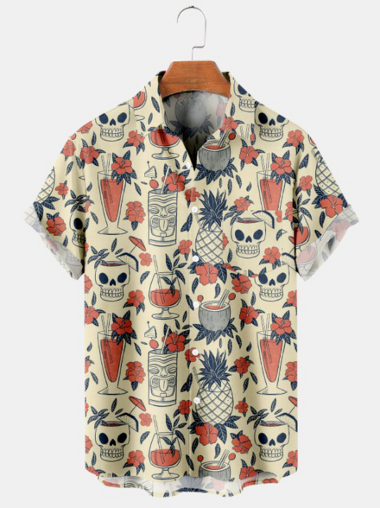 Hawaiian Tiki Mask Goblet Print Short Sleeve Shirt