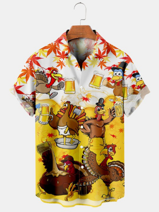 Maple Leaf Turkey And Beverage Print Short Sleeve Shirt