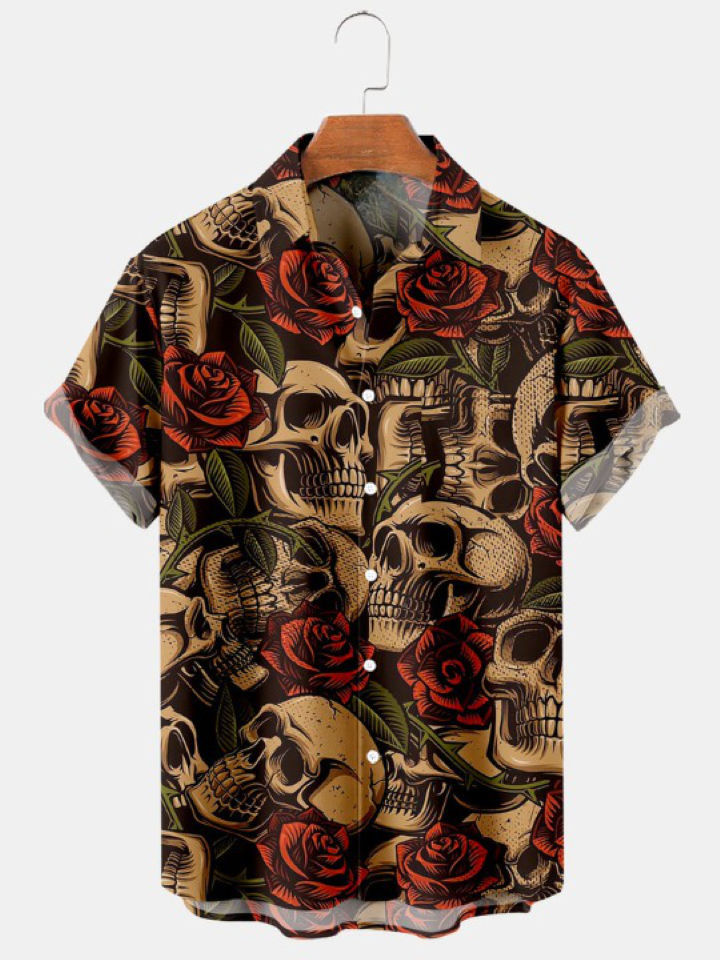 Rose Print Pocket Loose Short Sleeve Shirt