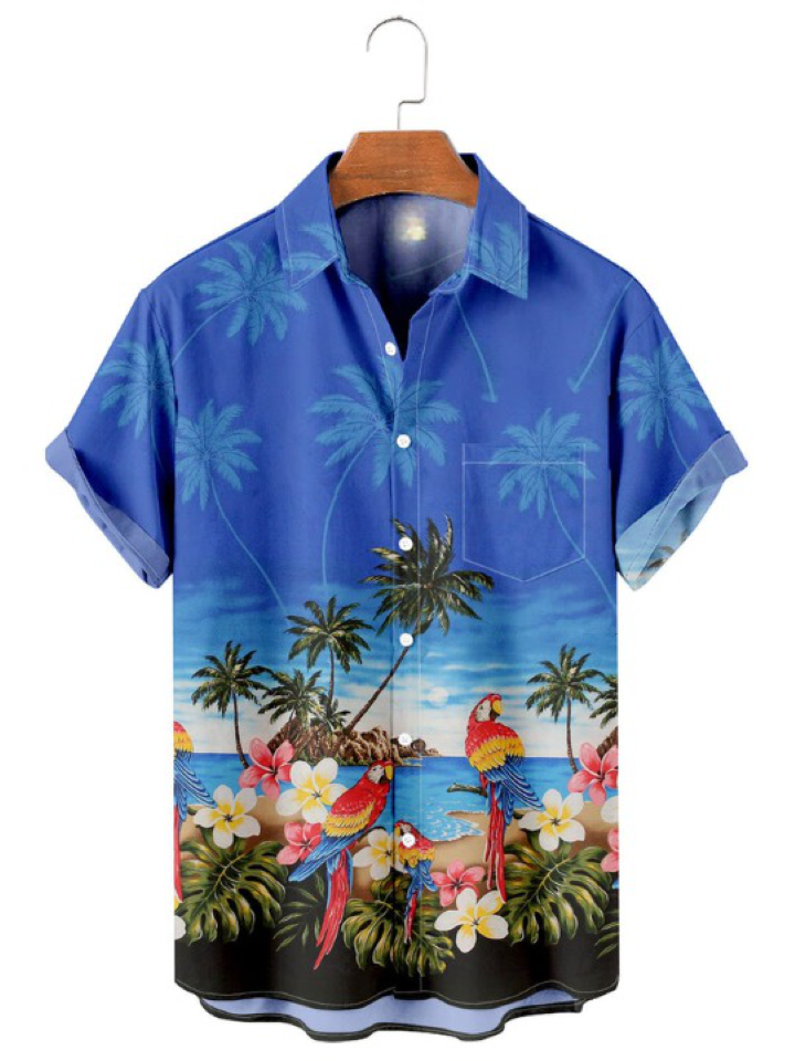 Beach Palm Parrot Print Short Sleeve Shirt