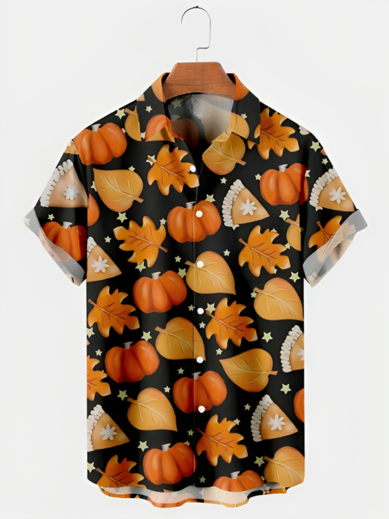 Maple Leaf Pumpkin Print Short Sleeve Shirt