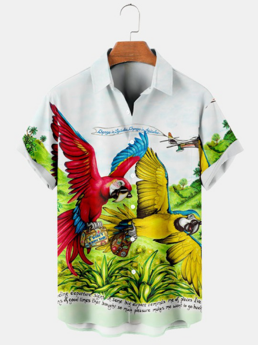 Flying Parrot Print Short Sleeve Shirt