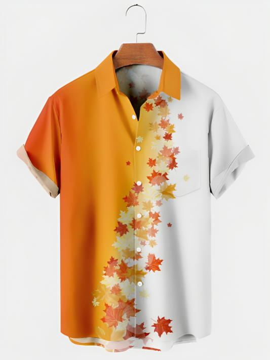 Thanksgiving Maple Leaf Print Short Sleeve Shirt