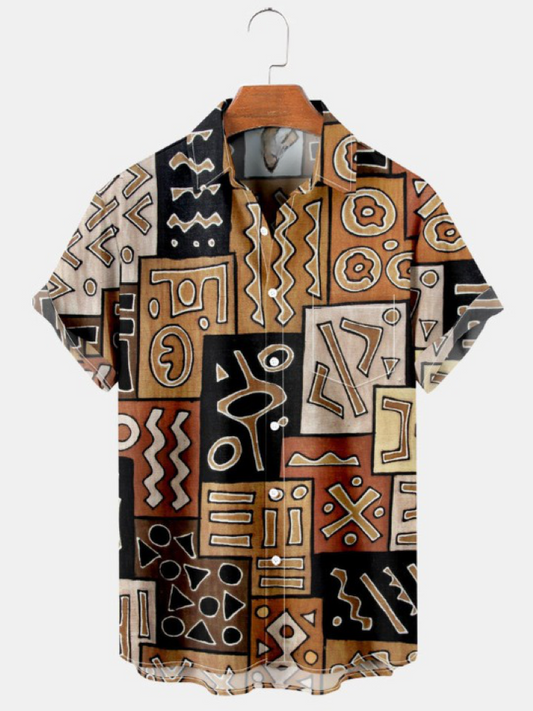 Hawaiian Vintage Ethnic Print Pocket Short Sleeve Shirt