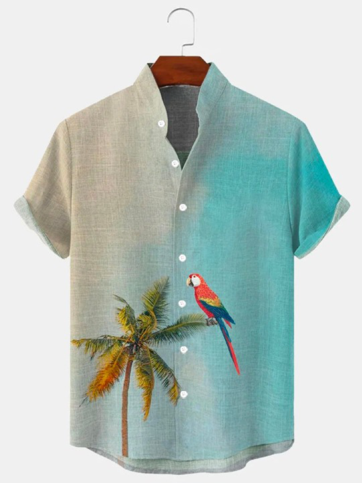 Gradient Parrot Palm Tree Print Stand Collar Shirt