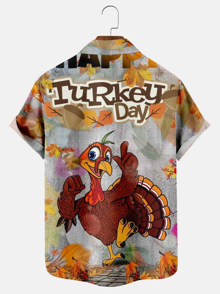 Retro Turkey Fallen Leaf Print Short Sleeve Shirt