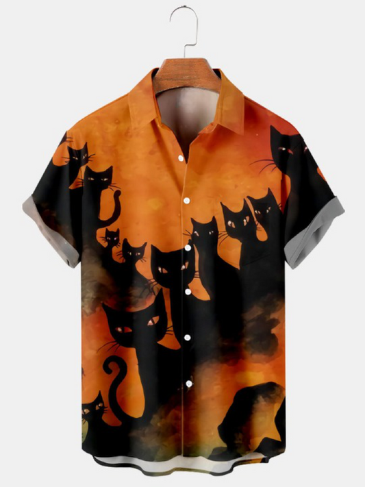 Halloween Fun Cat Print Casual Short Sleeve Shirt