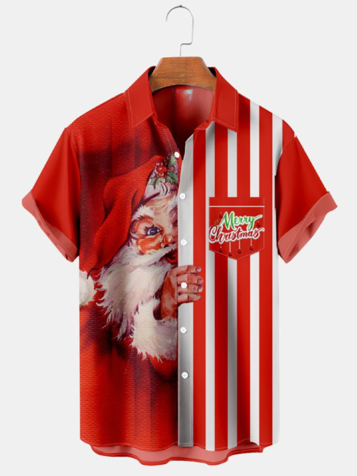 Christmas Santa Fun Stripe Print Short Sleeve Shirt