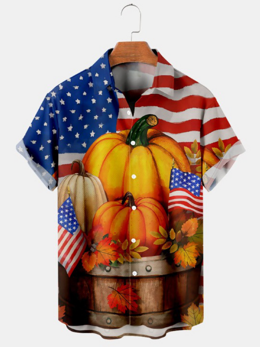 American Flag Pumpkin Print Short Sleeve Shirt