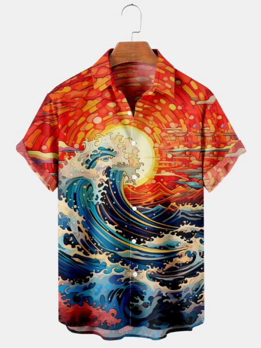 Vintage Fun Ocean Wave Print Pocket Shirt