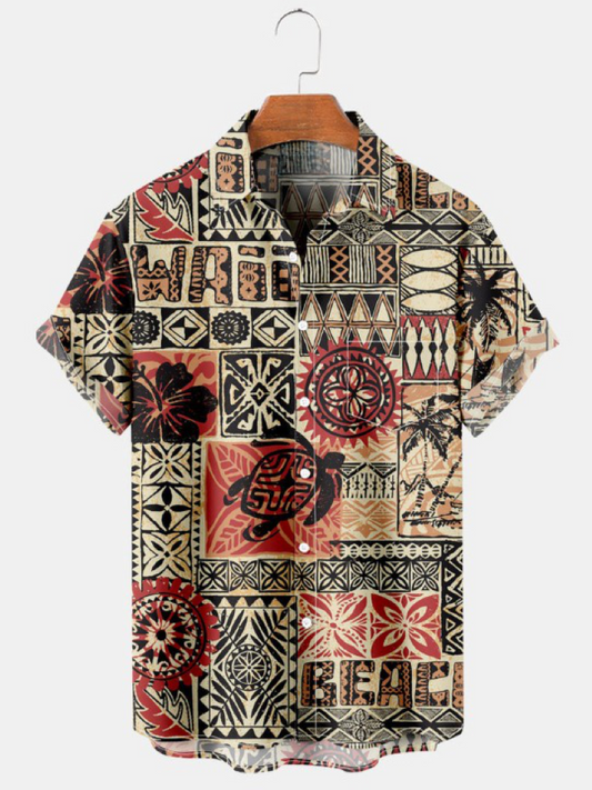 Hawaiian Vintage Ethnic Print Pocket Short Sleeve Shirt