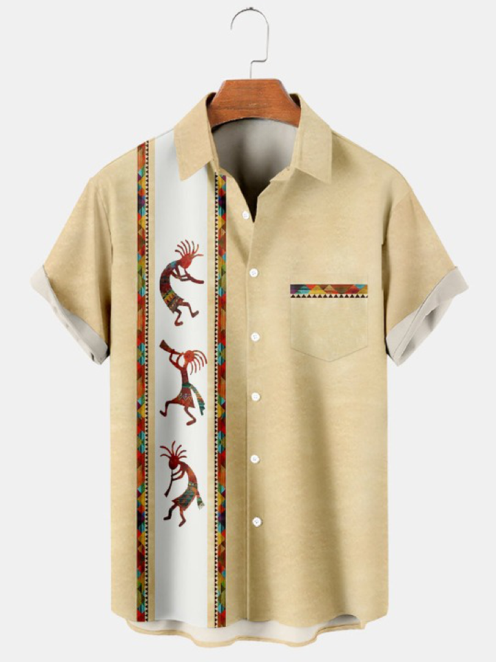 Vintage Kokopelli Stripe Print Bowling Shirt