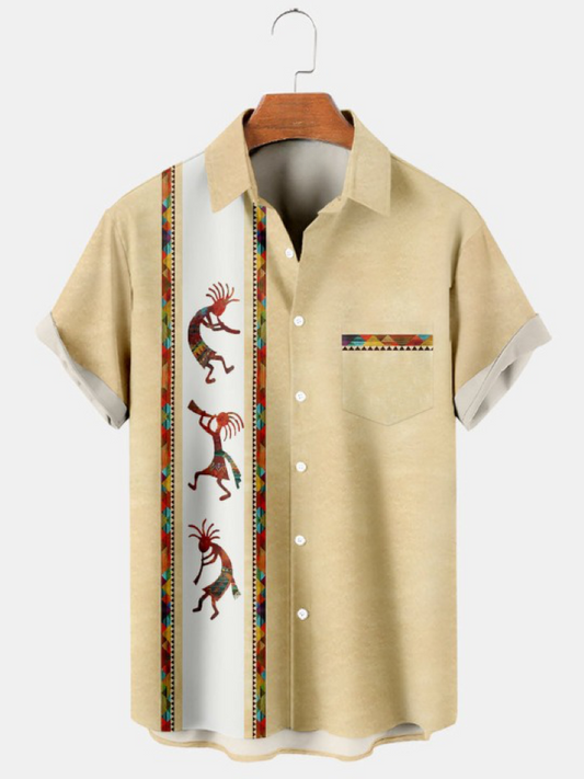 Vintage Kokopelli Stripe Print Bowling Shirt