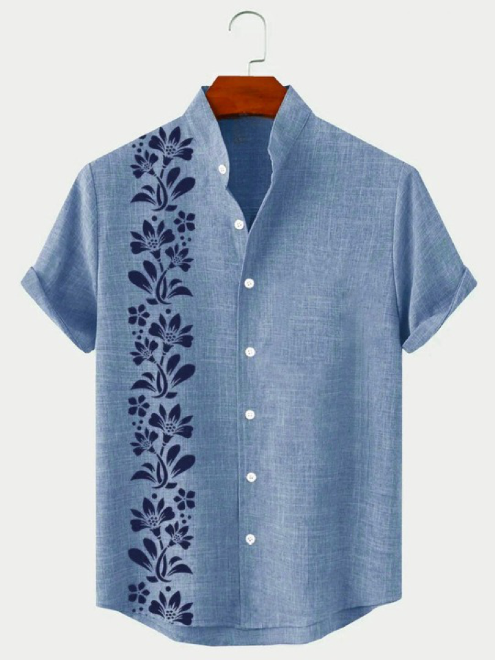 Stand Collar Floral Stripe Print Linen Casual Hawaiian Shirt