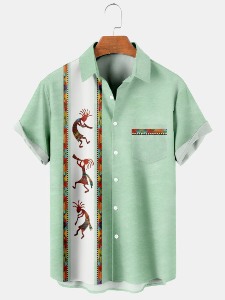 Vintage Kokopelli Stripe Print Bowling Shirt