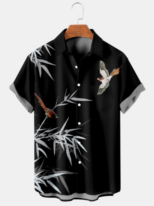 Simple Hawaiian Bamboo Bird Print Pocket Casual Shirt