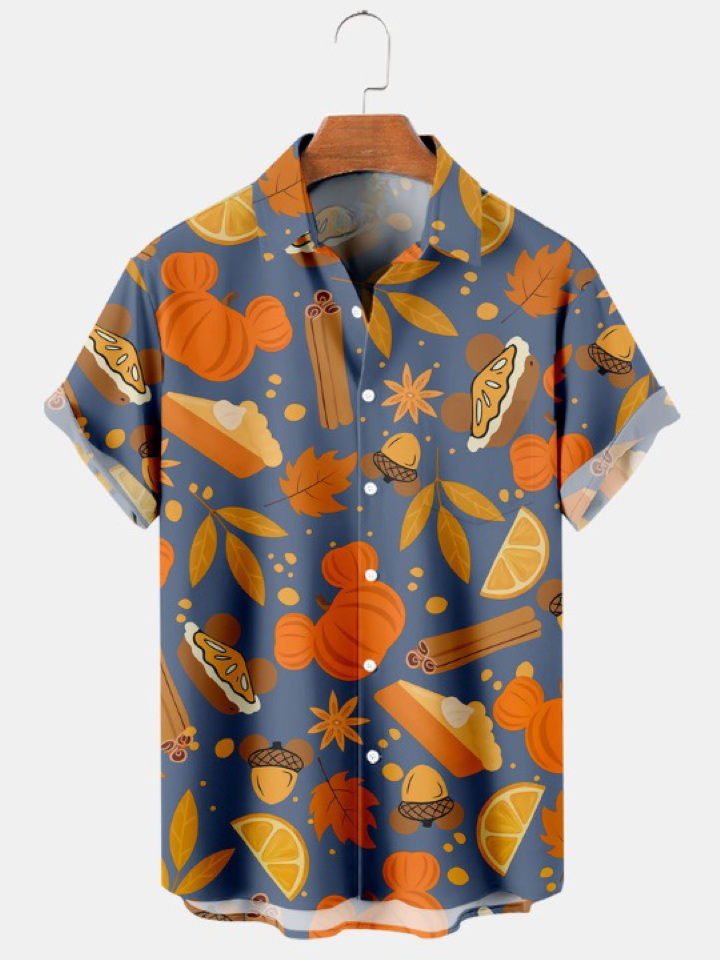 Pumpkin Maple Leaf Print Short Sleeve Shirt