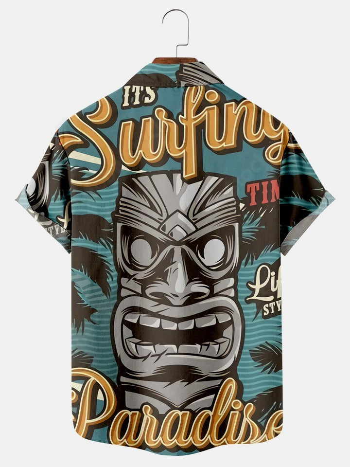 Hawaiian Tiki Print Loose Short Sleeve Shirt