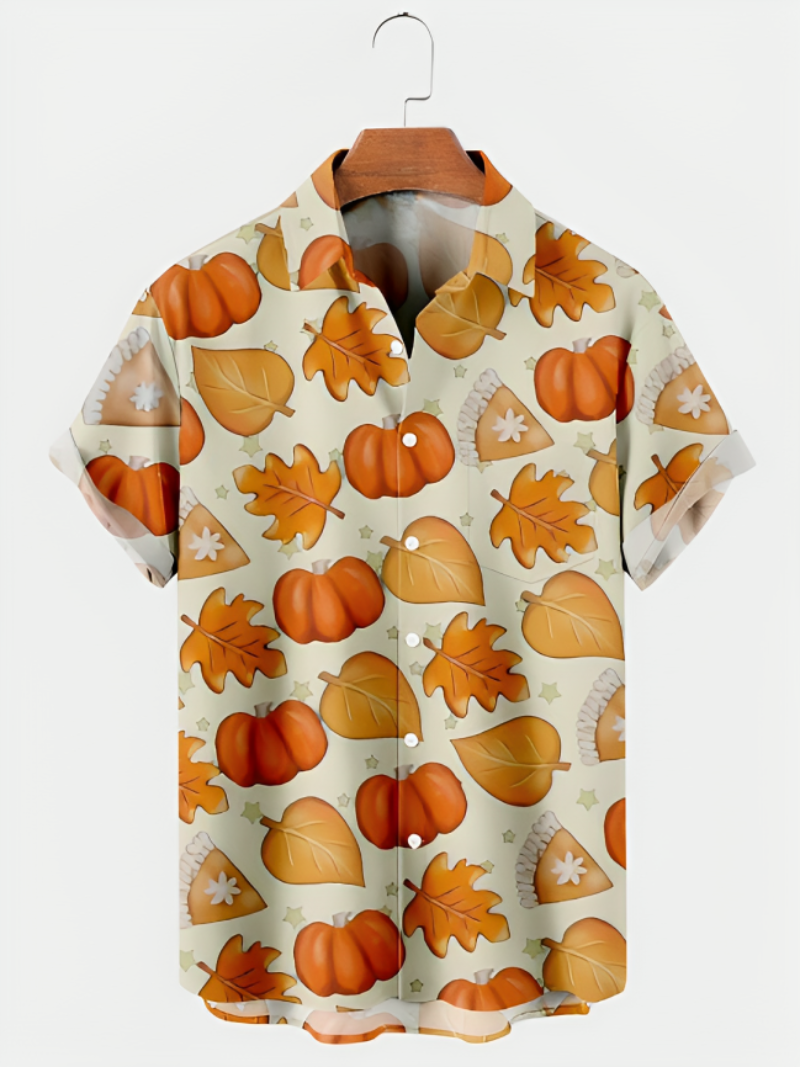 Maple Leaf Pumpkin Print Short Sleeve Shirt