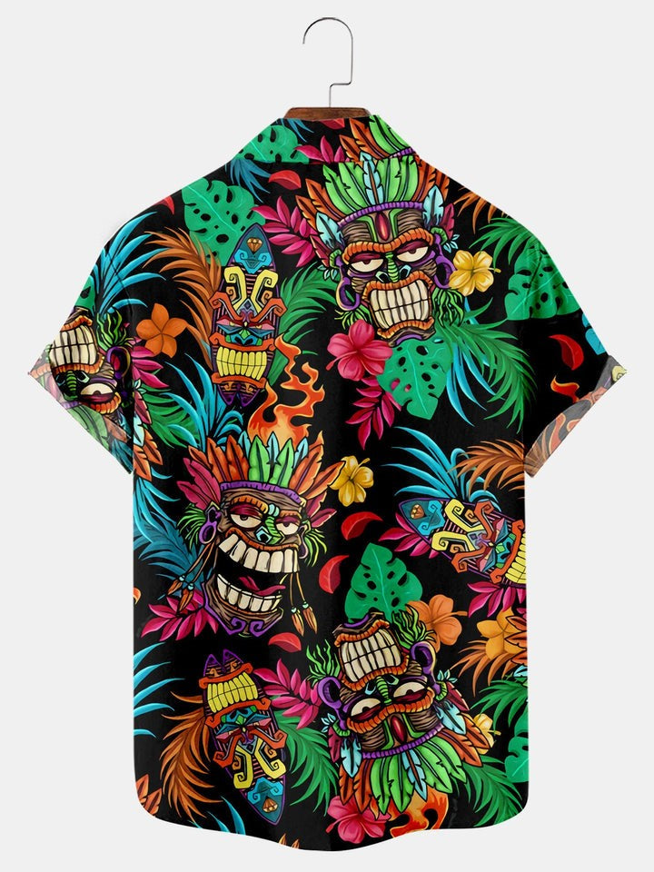 Fun Tiki Mask Print Short Sleeve Shirt