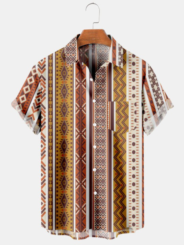 Ethnic Stripe Print Pocket Hawaiian Short Sleeve Shirt