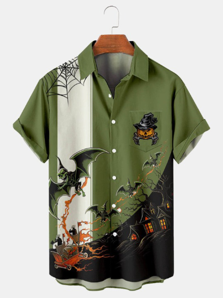 Halloween Pumpkin Print Pocket Short Sleeve Shirt