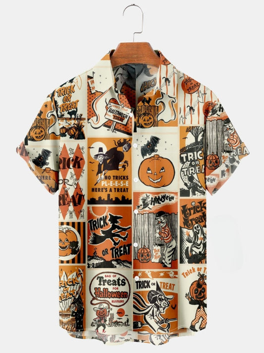 Pumpkin Print Pocket Short Sleeve Shirt