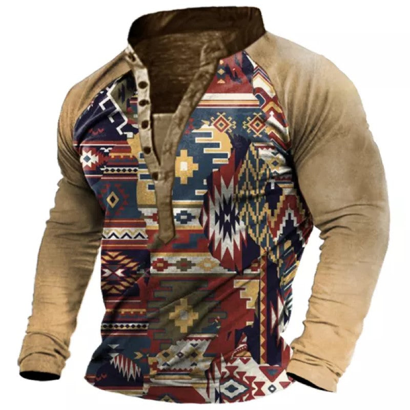 Men's Ethnic Pattern Long Sleeve Henley T-Shirt