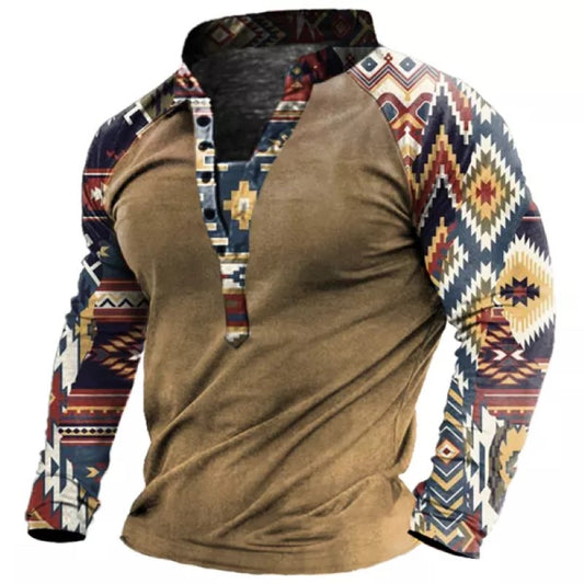 Men's Ethnic Pattern Long Sleeve Henley T-Shirt